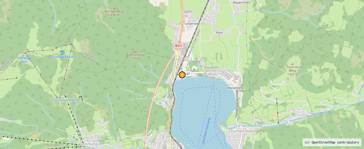 Map showing the location of TOP TAXI in Zell am See, Thumersbacherstraße on the eastern shore of Lake Zell